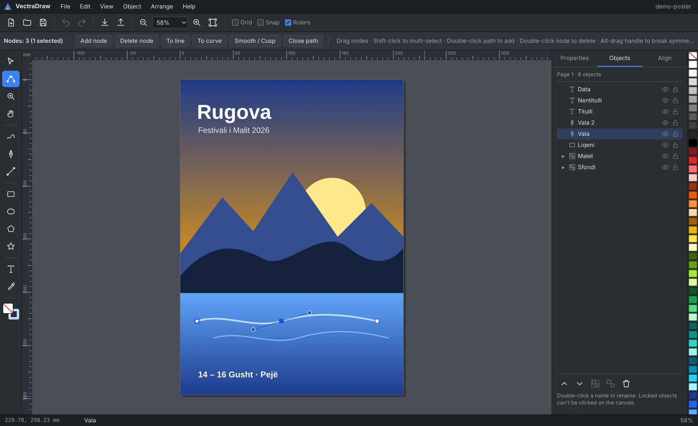 VectraDraw me një poster të hapur: kurba e valës është zgjedhur me mjetin e nyjeve dhe duken pikat e kontrollit
